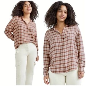 Wilfred Free 'Hope' Viscose Long Sleeve Button Down Shirt in Brown/Cream - Sz M